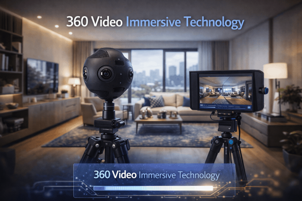  Professional 360 degree camera equipment recording immersive video of actual property interior