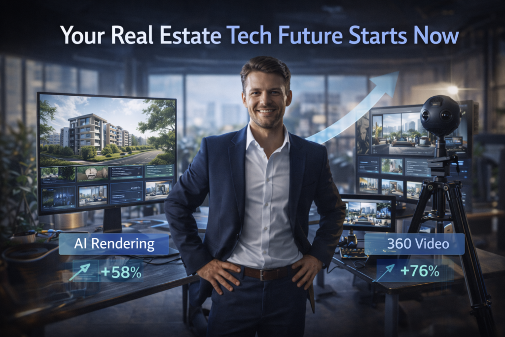  Real estate professional implementing comprehensive AI rendering and 360 video technology strategy for competitive advantage