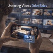 Customer engaged with professional unboxing video on smartphone viewing beautiful product revelation