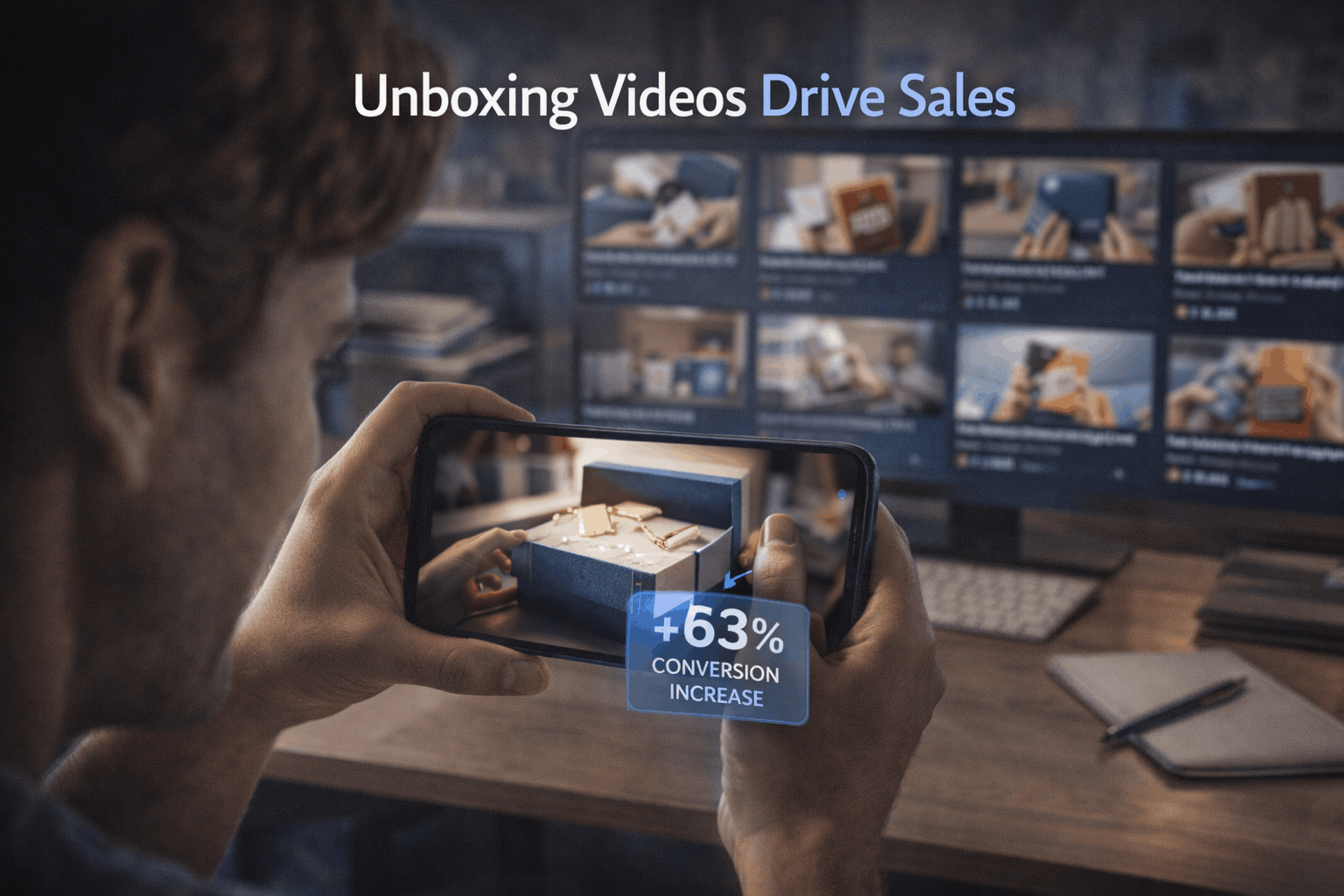 Customer engaged with professional unboxing video on smartphone viewing beautiful product revelation