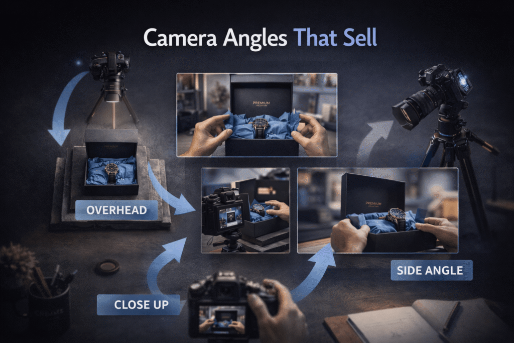 Diagram showing multiple camera angles and filming techniques for professional unboxing video production
