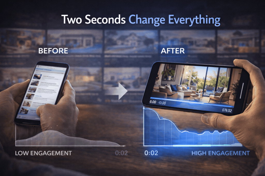 Timeline visualization showing two-second video clip impact on buyer engagement and property interest
