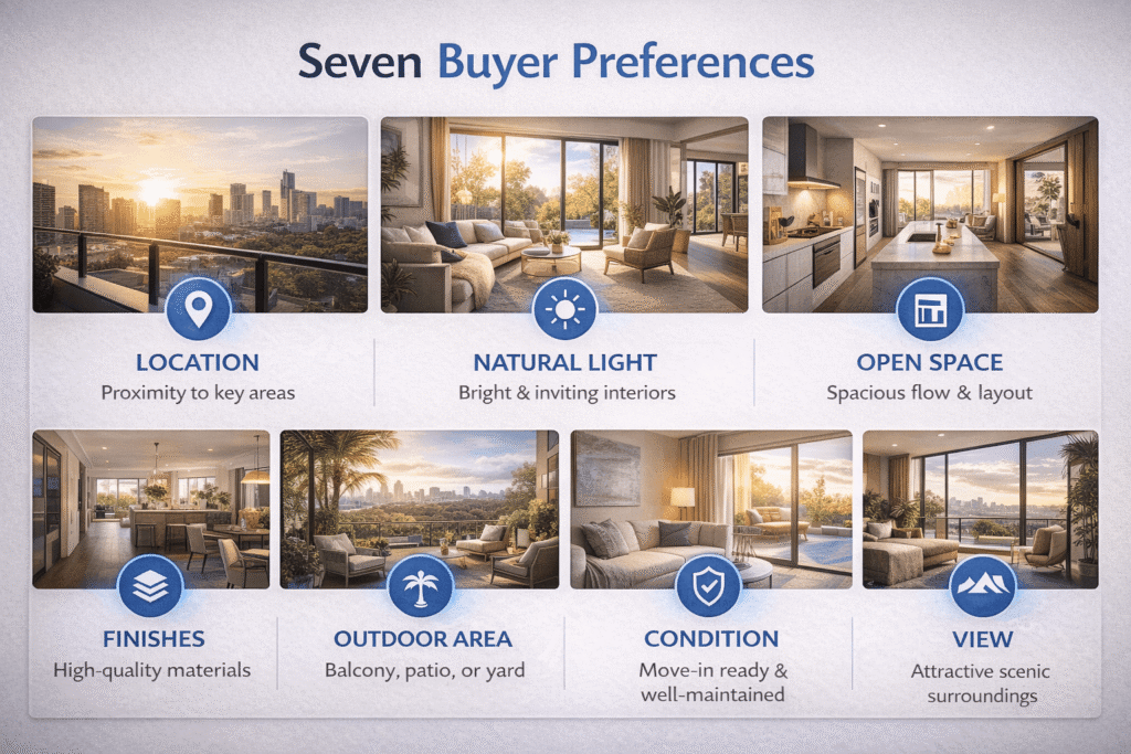  Infographic showing seven characteristics of real estate that buyers prioritize when evaluating properties