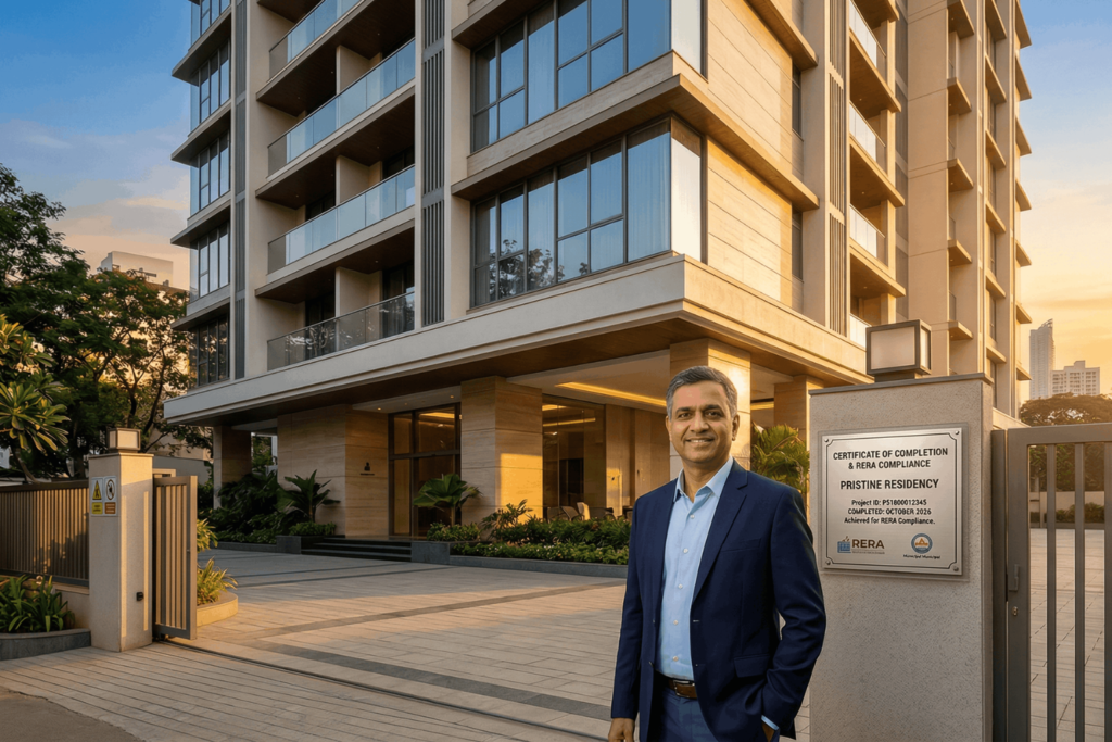 A pristine, professional real estate marketing photograph capturing 'Pristine Residency', a modern luxury residential complex in Mumbai, during the golden hour sunset. A satisfied project manager stands confidently in the foreground near an entrance gate where an official RERA Certificate of Completion is displayed, symbolizing perfect execution and successful project handover.
