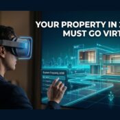 Futuristic metaverse real estate banner featuring a person wearing a VR headset viewing a 3D digital house model. The design uses professional cyan #048FB0 accents with cinematic lighting and bold white text saying 'Your Property in 2026 Must Go Virtual'. Perfect for real estate agents and digital architects.