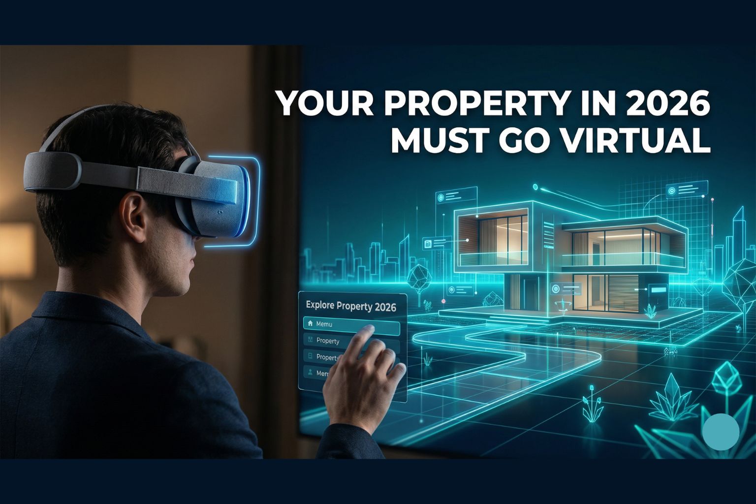 Futuristic metaverse real estate banner featuring a person wearing a VR headset viewing a 3D digital house model. The design uses professional cyan #048FB0 accents with cinematic lighting and bold white text saying 'Your Property in 2026 Must Go Virtual'. Perfect for real estate agents and digital architects.