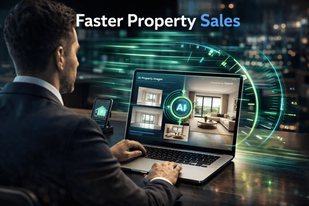 faster-property-sales-ai.jpg Real estate agent using AI software on laptop to speed up property sales process