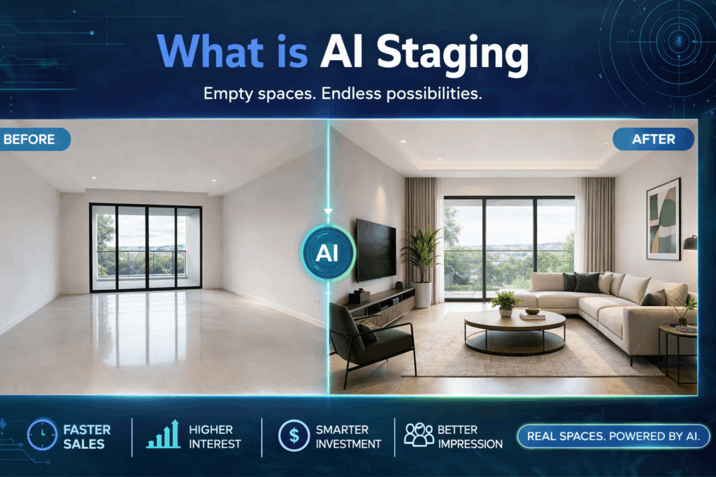 Empty room transformed into furnished living space using AI staging technology split screen