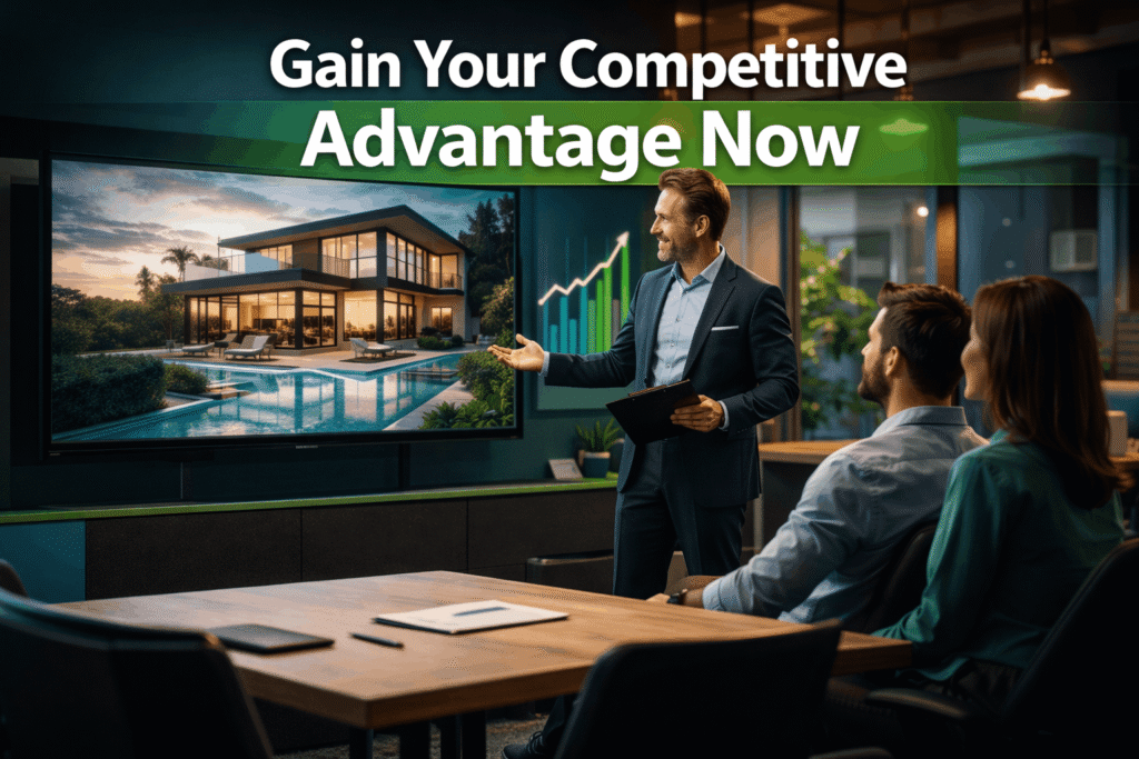 Real estate agent presenting property on large 4K screen to clients in modern office with professional video, success graph, and cinematic lighting