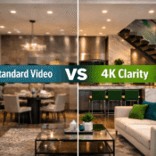 Split screen image comparing blurry standard video with crystal clear 4K real estate interior featuring marble and glass design and cinematic lighting