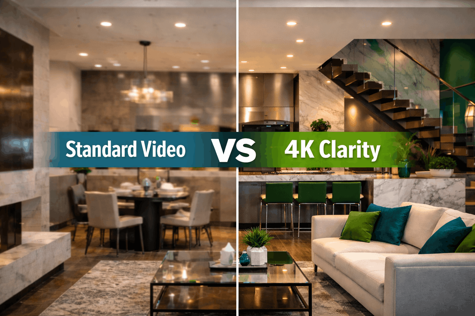 Split screen image comparing blurry standard video with crystal clear 4K real estate interior featuring marble and glass design and cinematic lighting