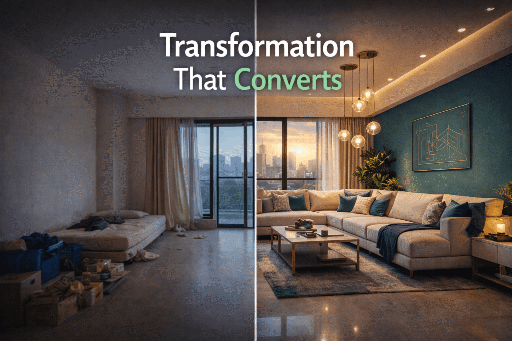 Before and after interior design transformation showing room renovation from bare to beautifully designed