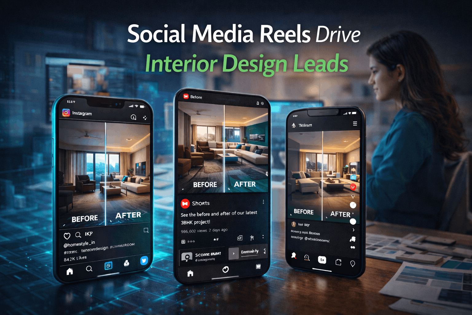 Multiple social media platform screens showing interior design reels and short form video content