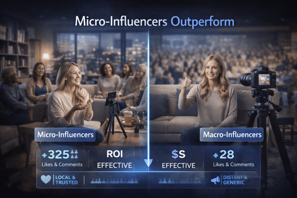 Comparison showing micro-influencer engaged audience versus macro-influencer larger but less engaged followers