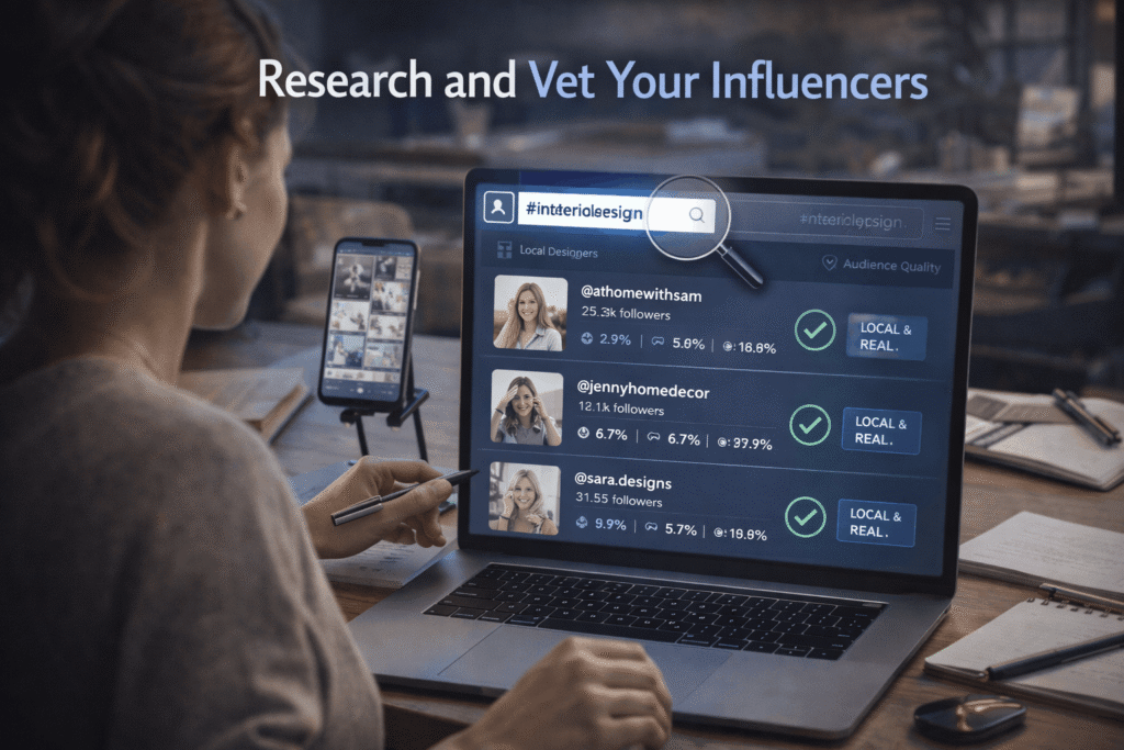  Interior designer researching and vetting micro-influencers on social media platforms