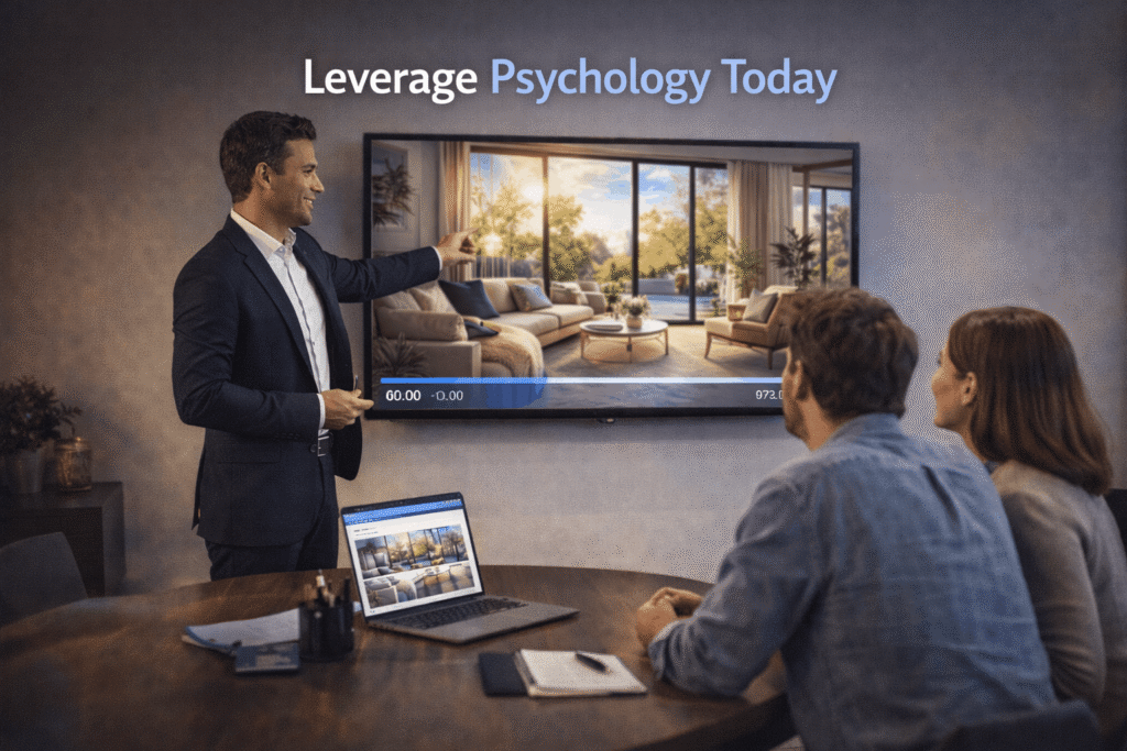 Real estate professional presenting professional property video to interested buyers demonstrating psychology-driven sales effectiveness