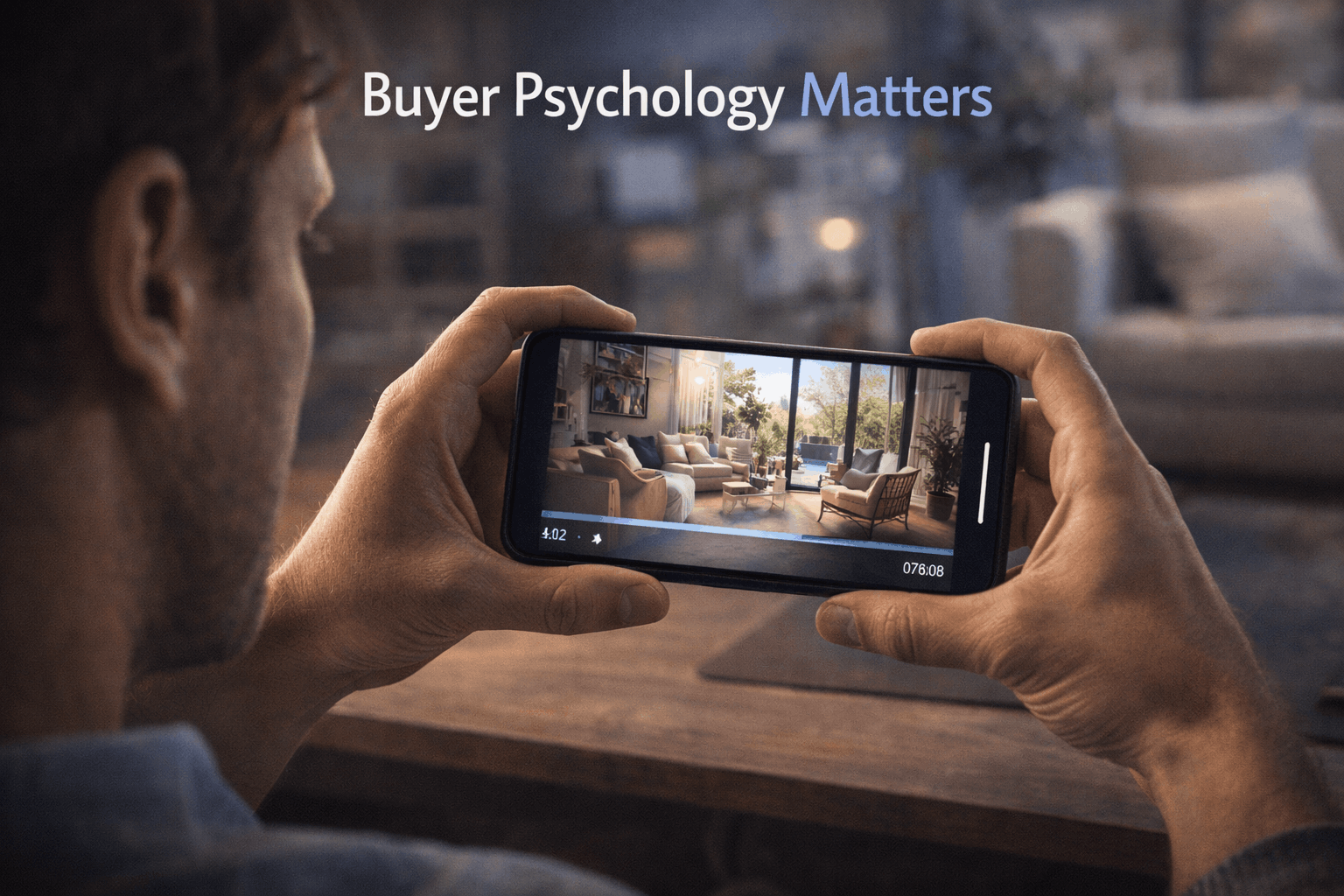 Residential buyer engaged with professional real estate video clip on smartphone showing psychological response to property