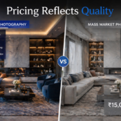 Side-by-side comparison of luxury versus mass market interior design photography showing quality and pricing differences