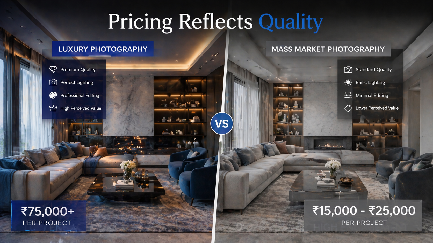 Side-by-side comparison of luxury versus mass market interior design photography showing quality and pricing differences