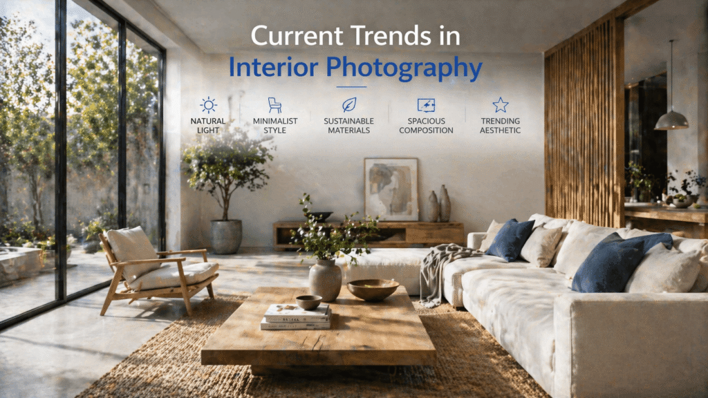 Contemporary interior design photograph showcasing 2026 photography trends including natural light and minimalist styling