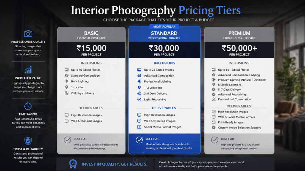Side-by-side comparison of luxury versus mass market interior design photography showing quality and pricing differences