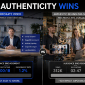 Side-by-side comparison of polished corporate video versus authentic behind-the-scenes video showing engagement difference