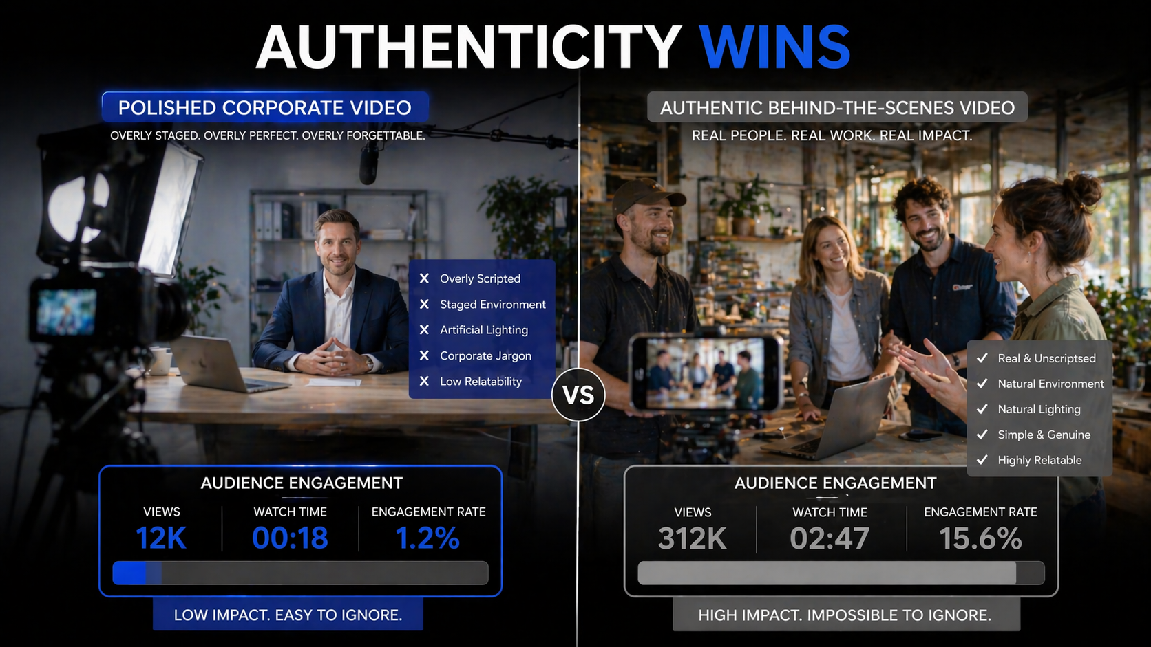 Side-by-side comparison of polished corporate video versus authentic behind-the-scenes video showing engagement difference
