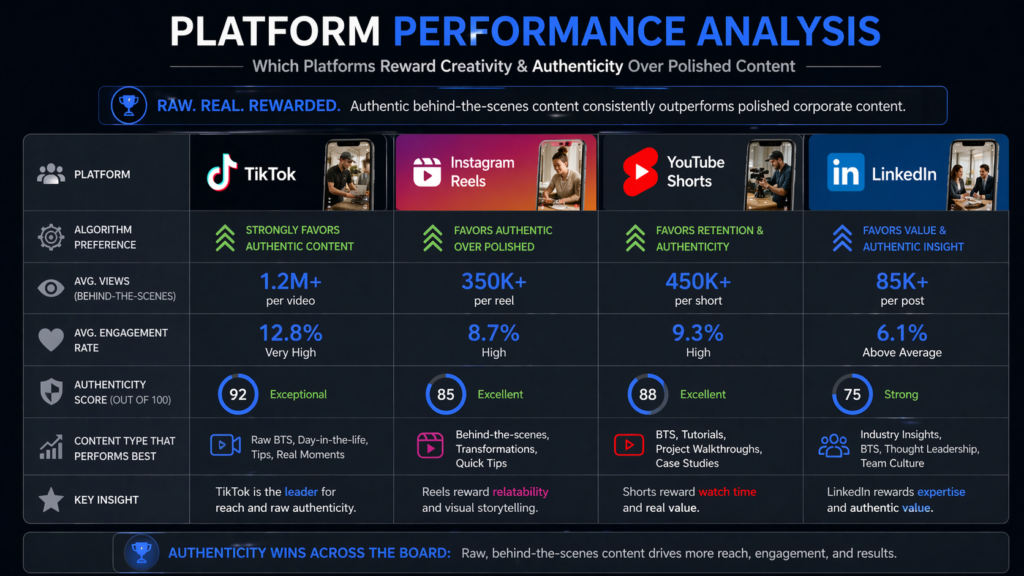 Chart comparing platform algorithm performance for behind-the-scenes authentic versus polished corporate content