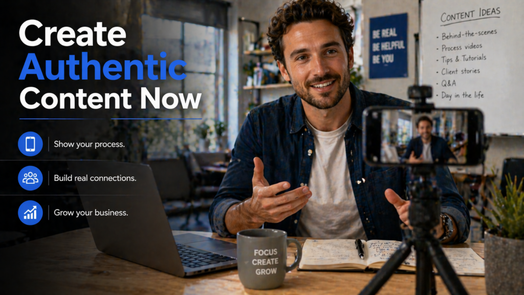  Business owner confidently creating authentic behind-the-scenes content with simple smartphone setup in real workspace