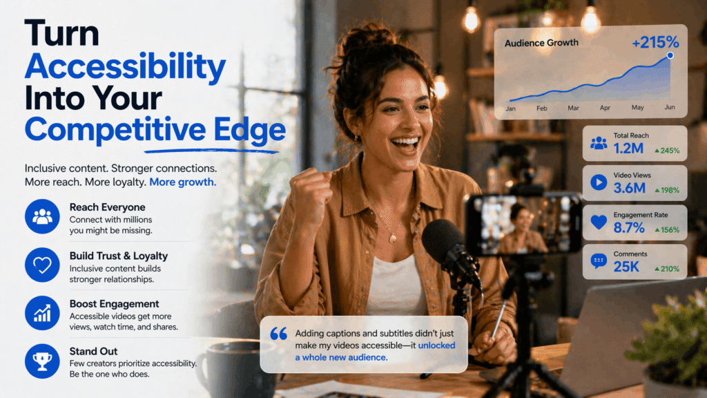 Successful content creator showcasing audience growth and engagement metrics achieved through implementing accessibility in video production