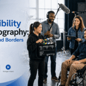 Diverse videography team filming an inclusive video production with accessibility features and caption timeline visible on editing monitor"