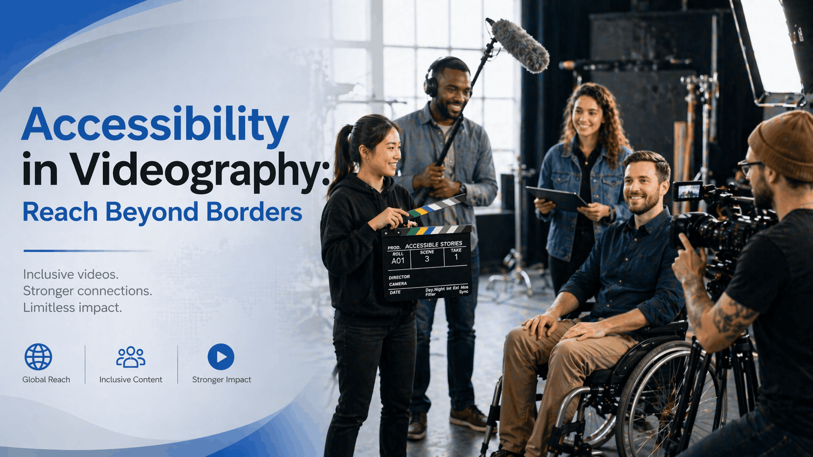 Diverse videography team filming an inclusive video production with accessibility features and caption timeline visible on editing monitor"