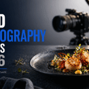 Food photography trends 2026 header showing professional camera setup photographing gourmet dish with dramatic lighting