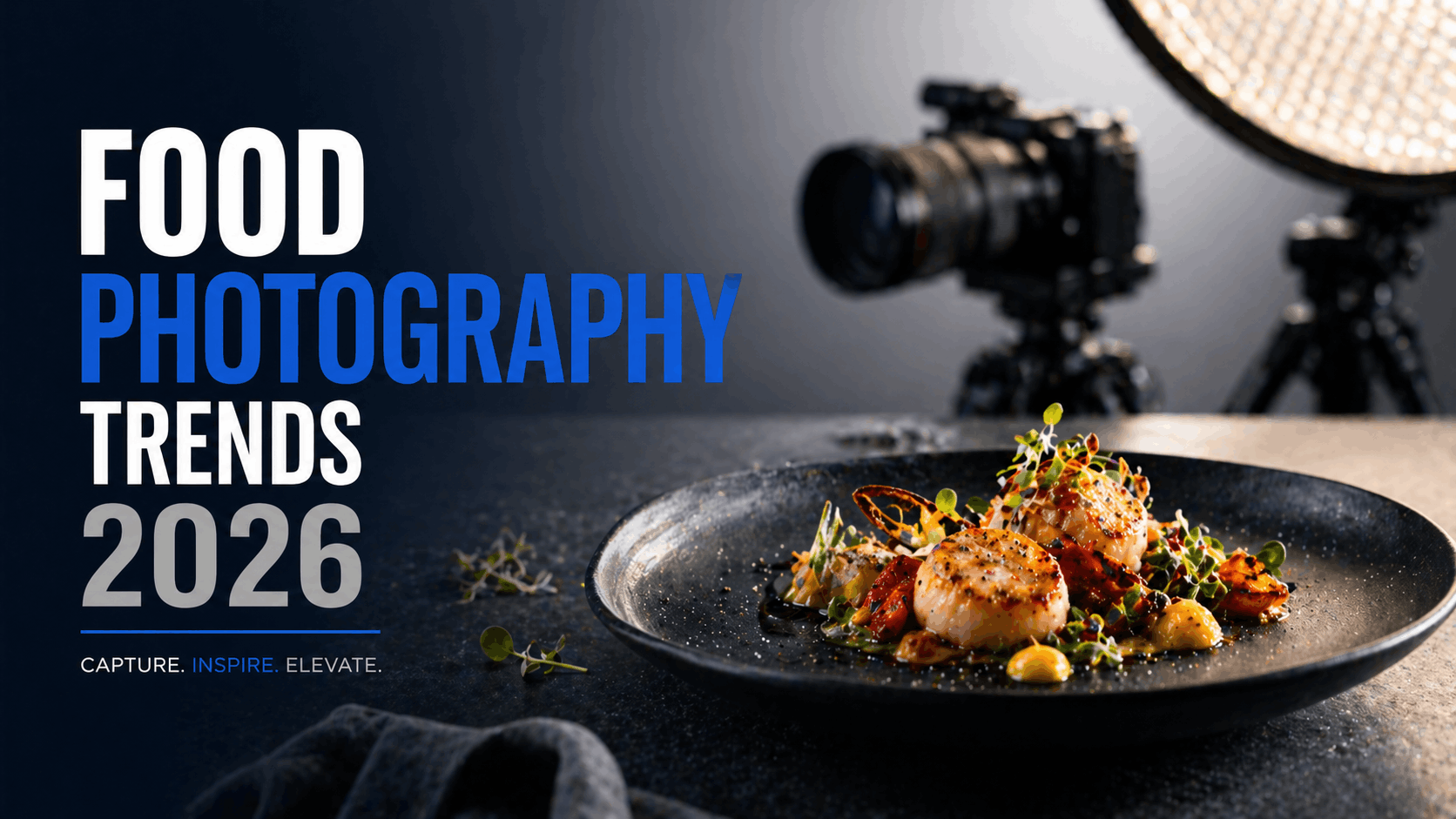 Food photography trends 2026 header showing professional camera setup photographing gourmet dish with dramatic lighting