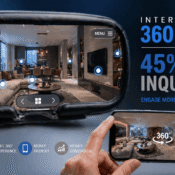 Real estate 360 virtual tour header showing VR headset interface and interactive property viewing technology