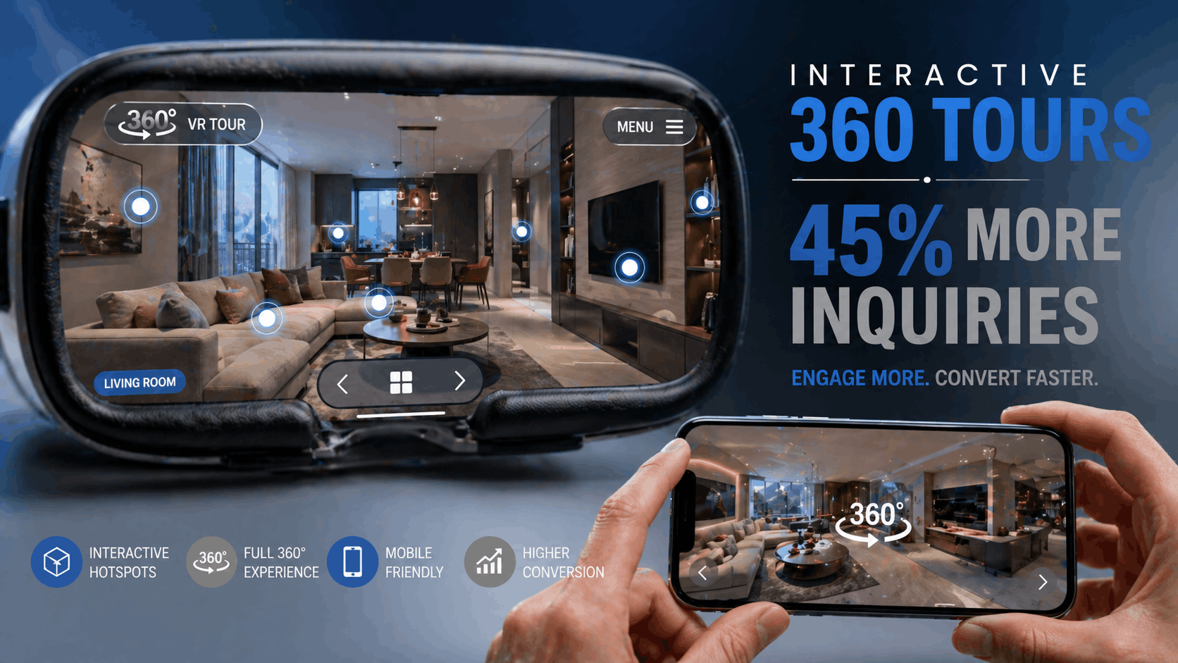 Real estate 360 virtual tour header showing VR headset interface and interactive property viewing technology