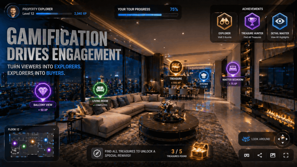 Gamified real estate 360 virtual tour showing interactive elements, achievement badges, and engagement features