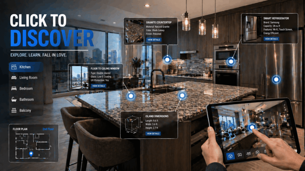 Interactive hotspot demonstration in kitchen showing clickable information points with property details and measurements