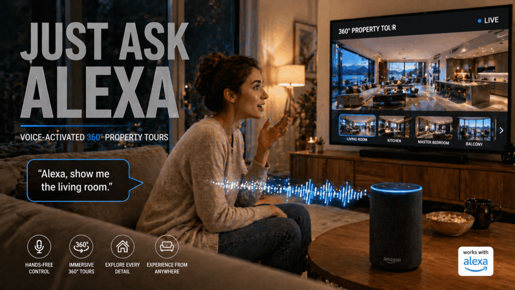 Woman using voice commands with Alexa to navigate virtual property tour on smart TV screen