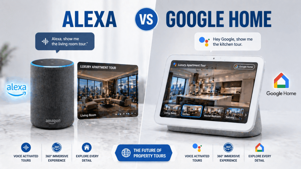 Amazon Alexa Echo and Google Nest Home smart speakers side-by-side comparison for real estate voice tours