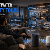 Voice-activated property tour header showing Alexa and Google Home devices with holographic virtual tour interface