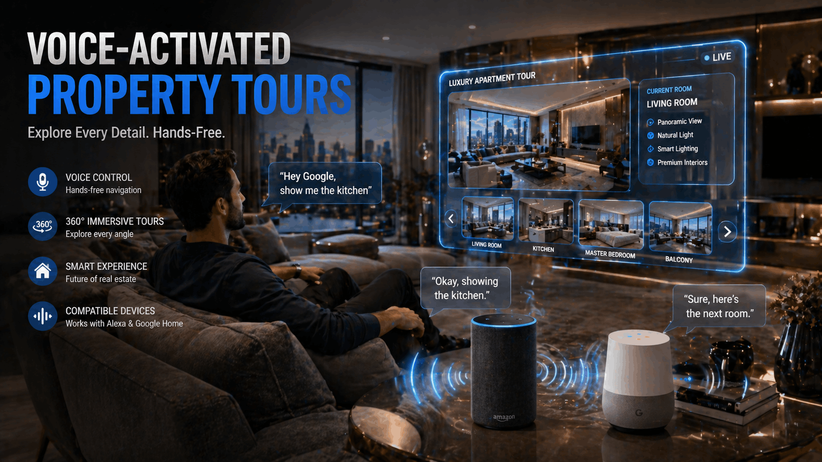 Voice-activated property tour header showing Alexa and Google Home devices with holographic virtual tour interface