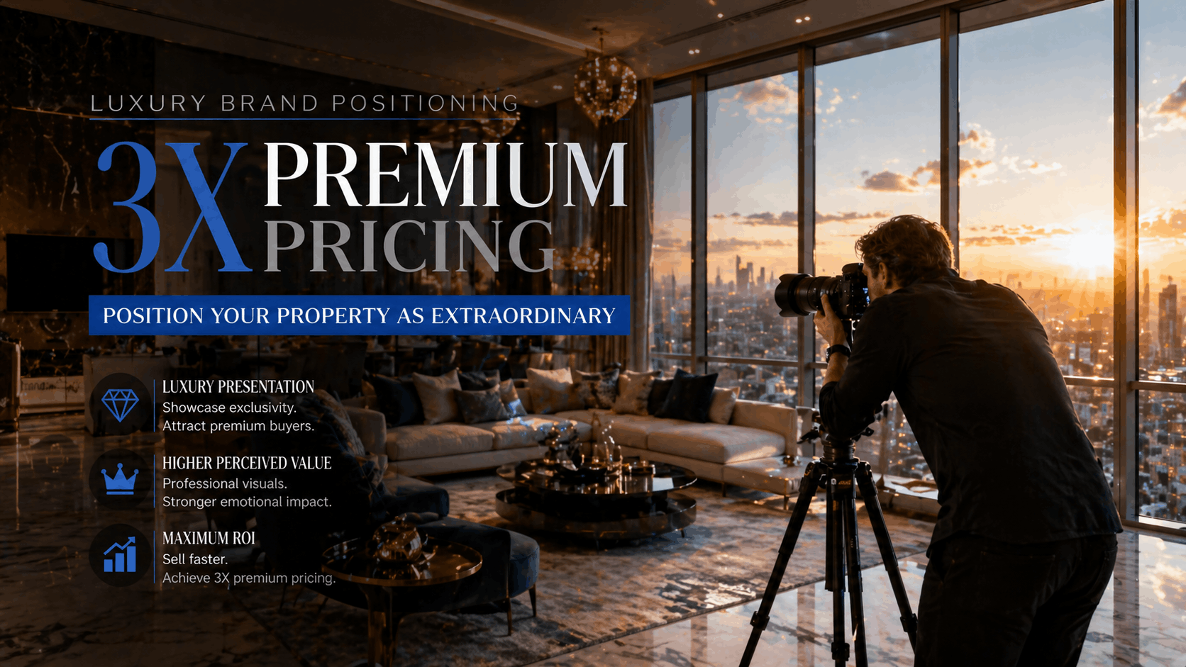 Professional photographer capturing luxury interior for brand positioning with high-end camera equipment