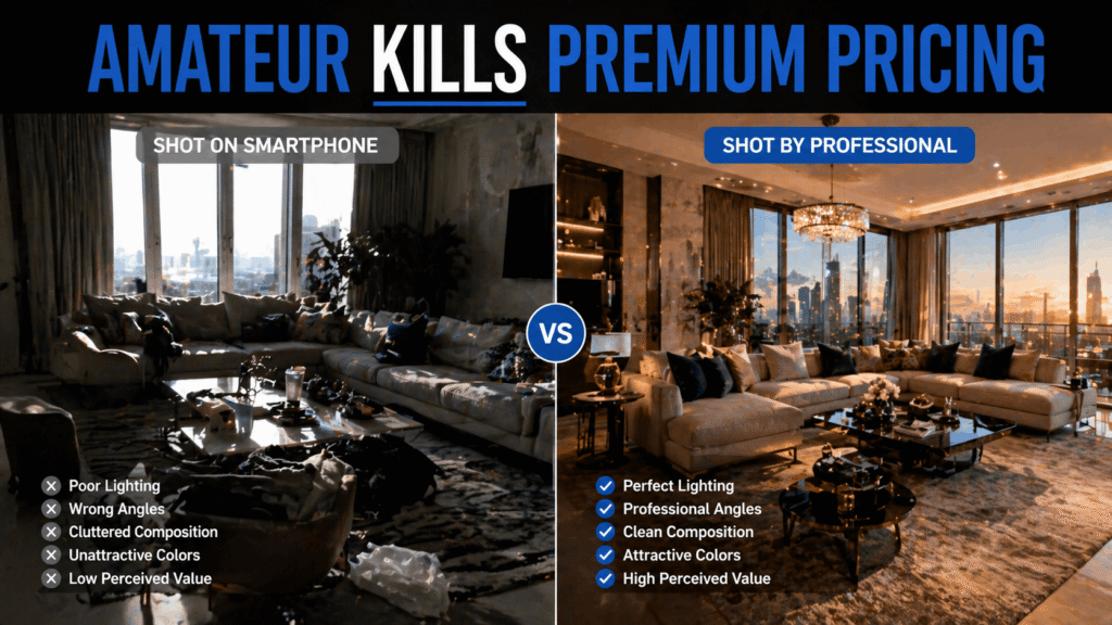 Split screen comparison showing amateur smartphone photo versus professional luxury interior photography quality difference