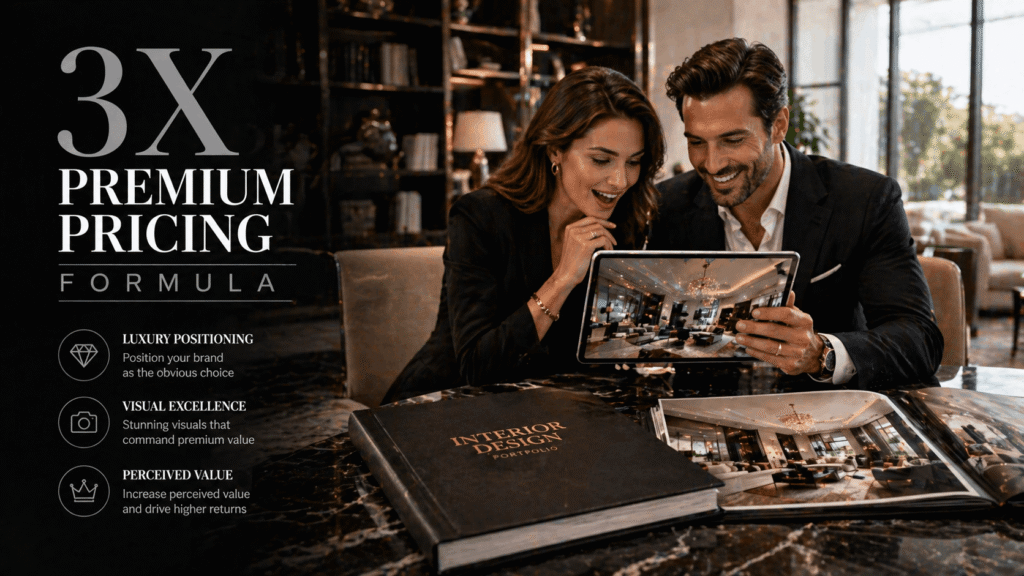 Wealthy clients reviewing professional interior design portfolio with luxury photography commanding premium pricing