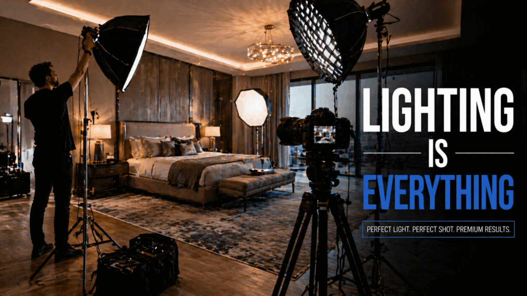 Professional lighting equipment setup for luxury interior photography with multiple soft boxes and camera gear