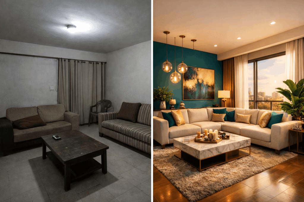 Interior design workspace in Mumbai with laptop showing Instagram analytics growth, teal and green mood board, floor plans, coffee cup and smartphone with WhatsApp business notifications