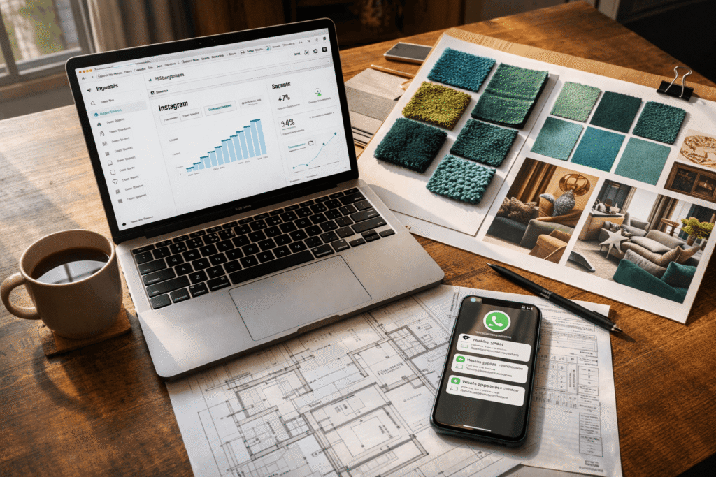 Interior design workspace in Mumbai with laptop showing Instagram analytics growth, teal and green mood board, floor plans, coffee cup and smartphone with WhatsApp business notifications