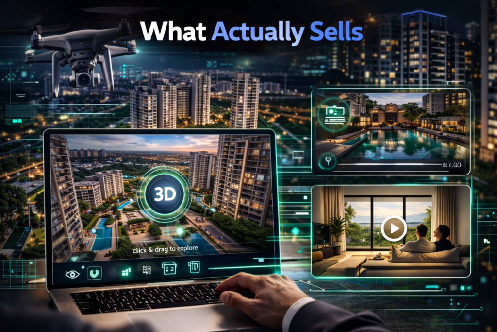 Drone shot of real estate project with 3D virtual tour and video marketing interface