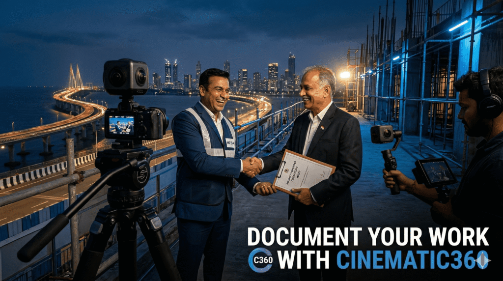 construction professionals documenting project with drone and 360 camera for tender presentation in Mumbai